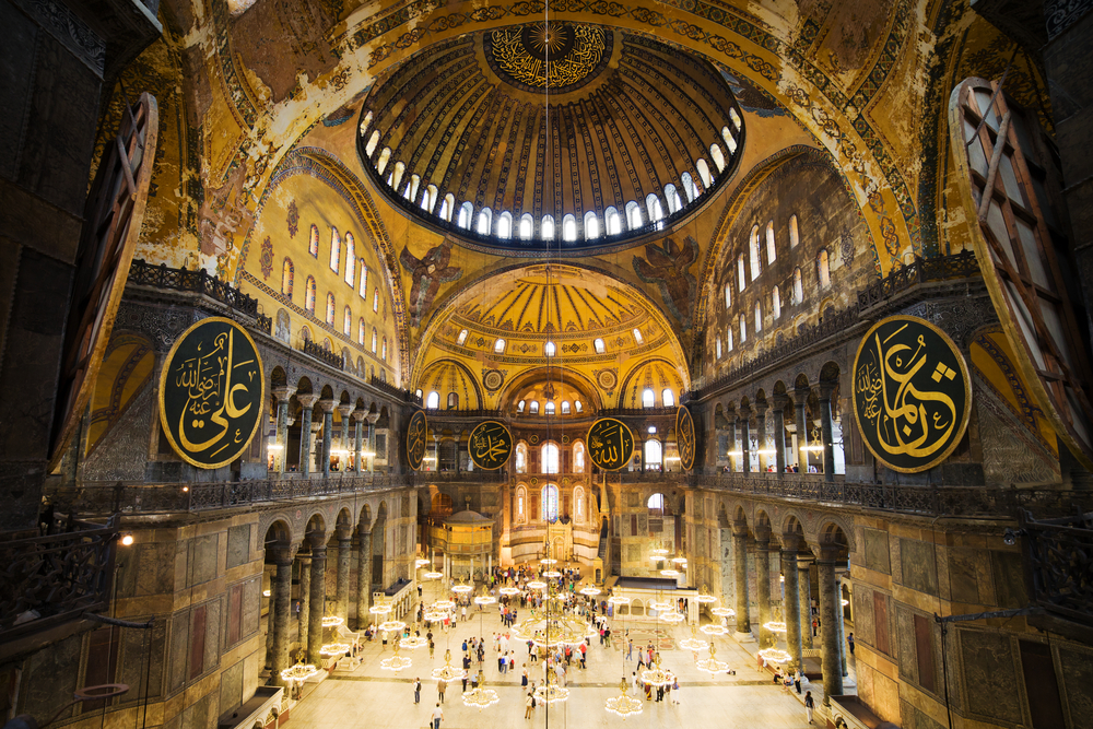 Interior of the Hagia Sophia in Istanbul, Turkey. The crown of the dome rises 180 feet (55 meters) above the floor.