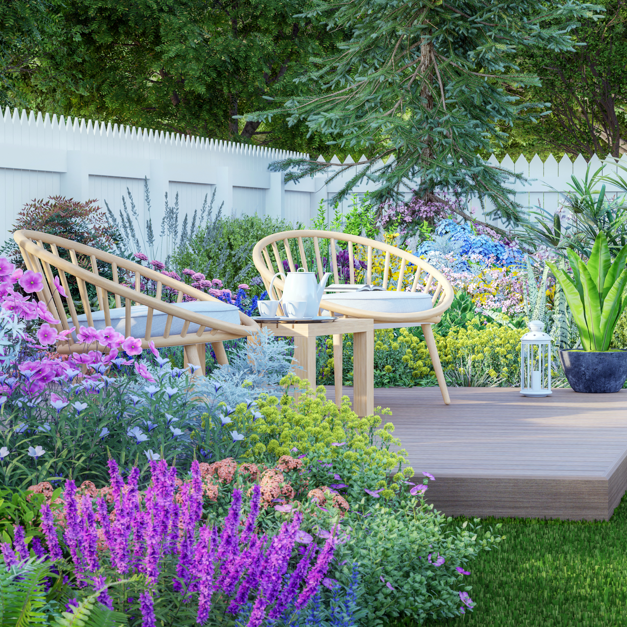 decking styled as an outdoor living room area in a modern garden