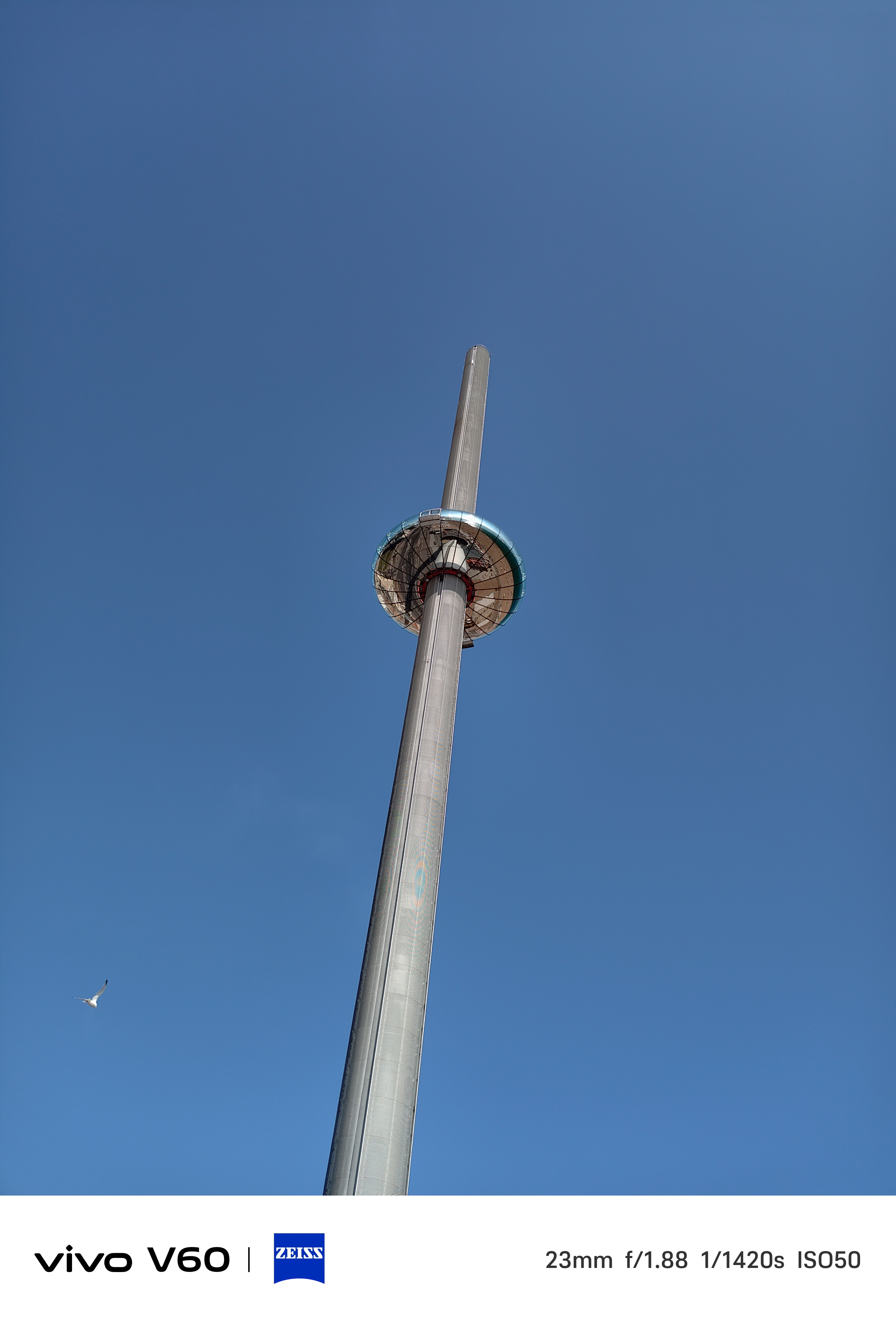 The i360 in Brighton seen from below in front of a blue clear sky