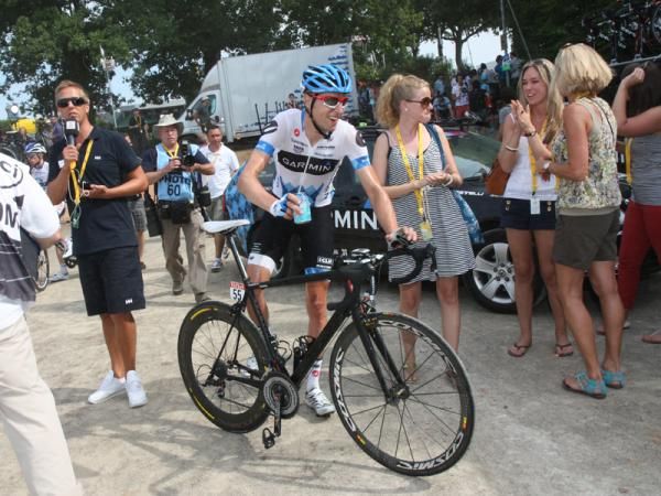 Ryder Hesjedal (Garmin-Cerv&eacute;lo) beams after teammate Tyler Farrer wins Stage 3.