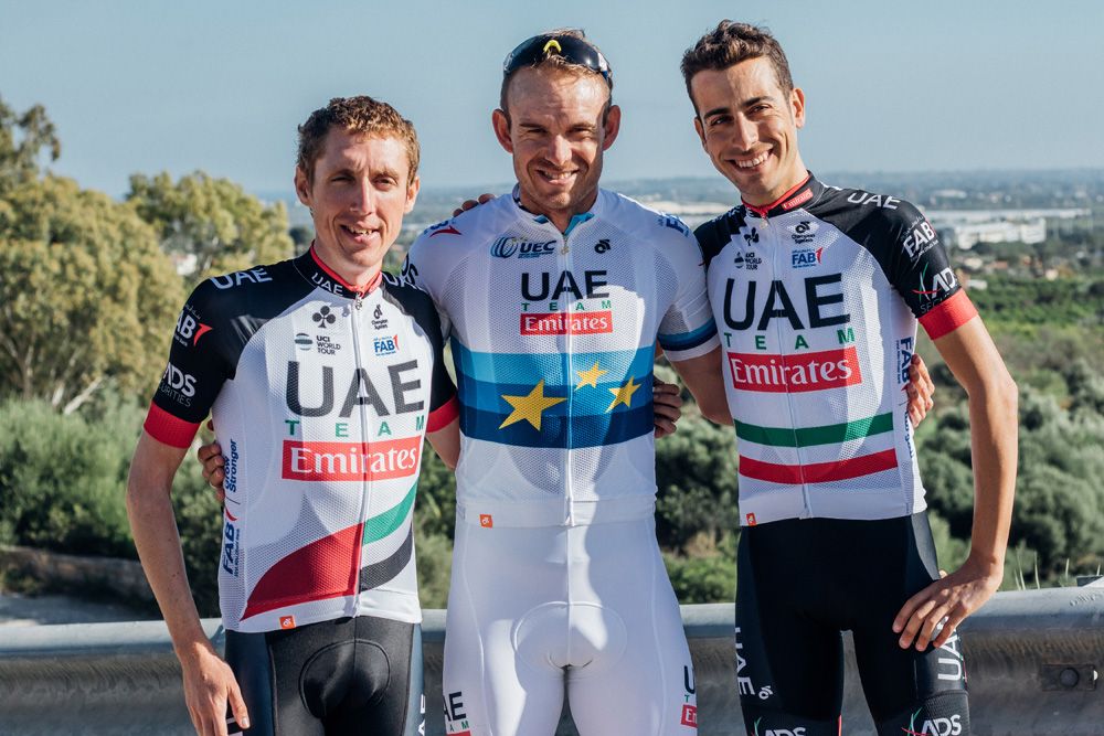 Dan Martin with new UAE Team Emirates teammates Alexander Kristoff and Fabio Aru