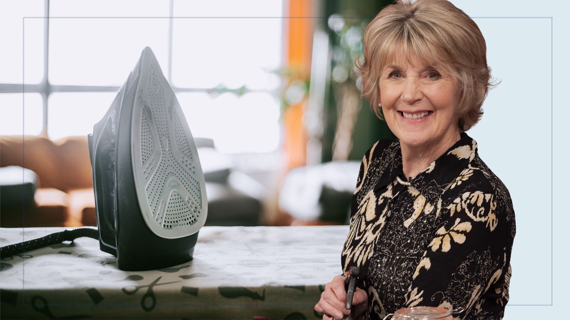 picture of iron on board in living room and cut out of Nancy Birtwhistle over top 