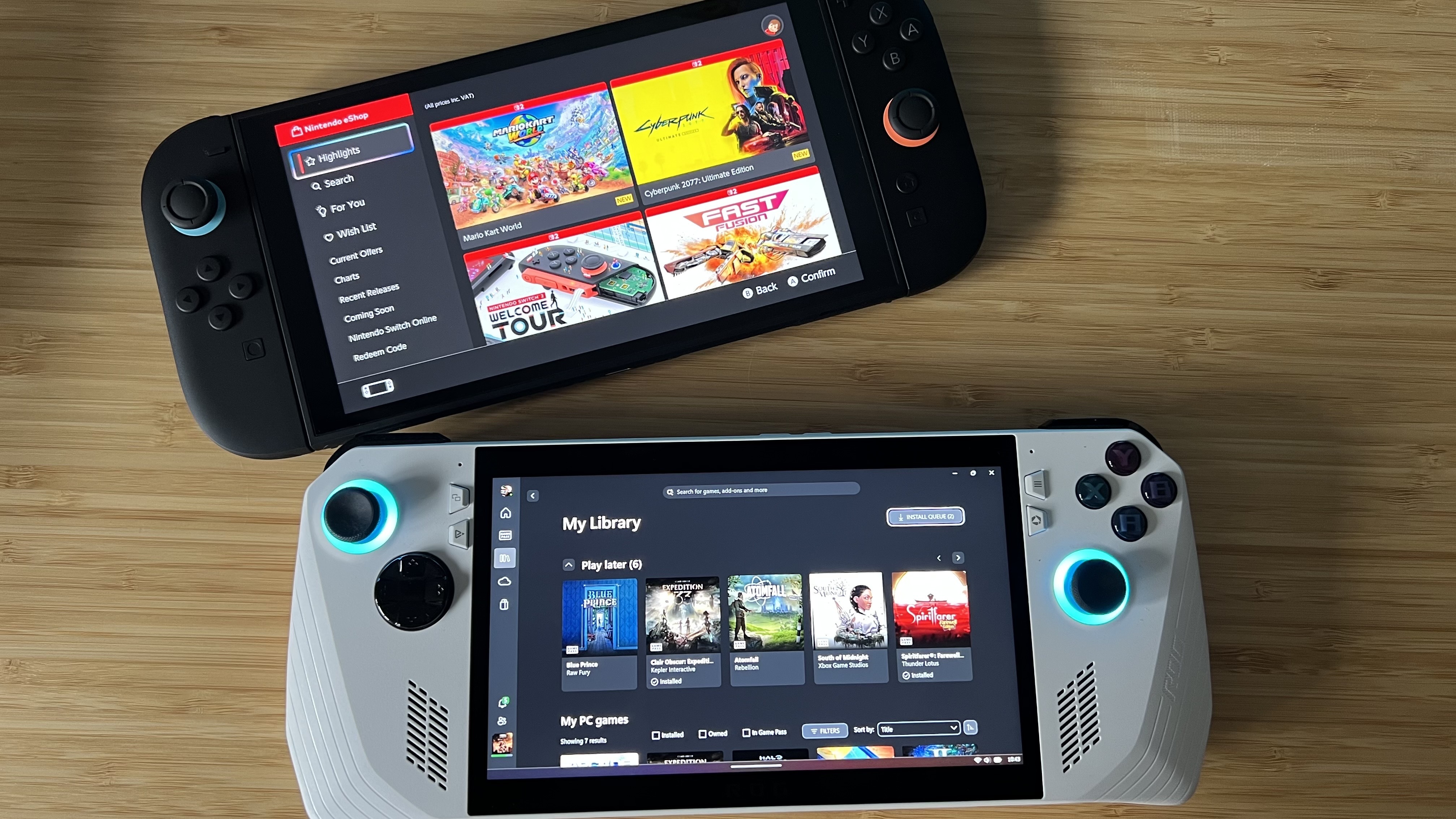 Nintendo Switch 2 displaying its eShop and Asus ROG Ally displaying Xbox Game Pass homepage