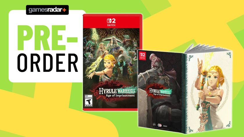 Image of the Switch 2 box art for Age of Imprisonment and a matching notebook sitting on a light green GamesRadar+ background.