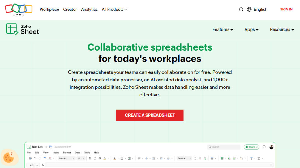 Zoho Sheet website screenshot (May 2025)