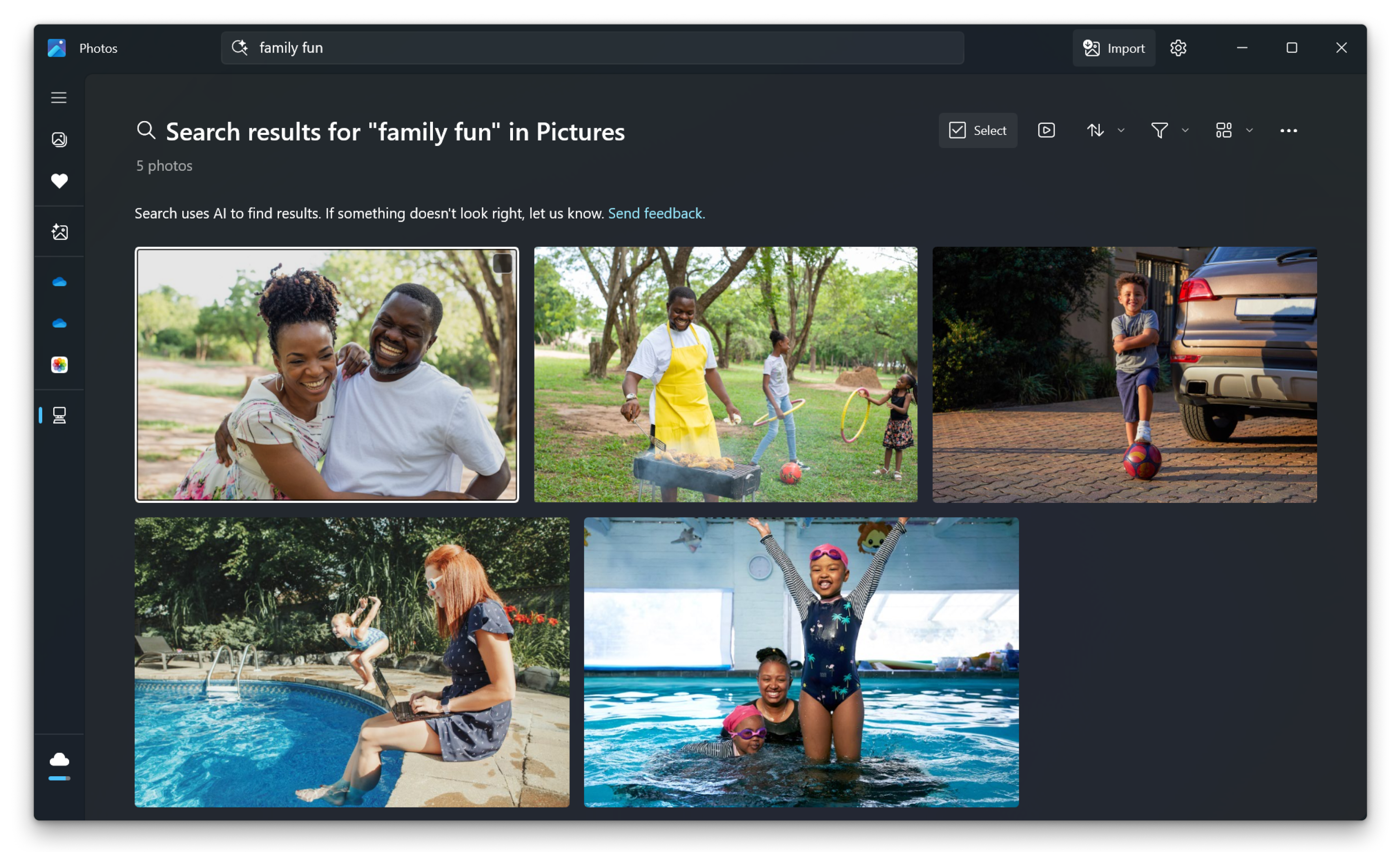 Semantic, natural language search option in Microsoft Photos.