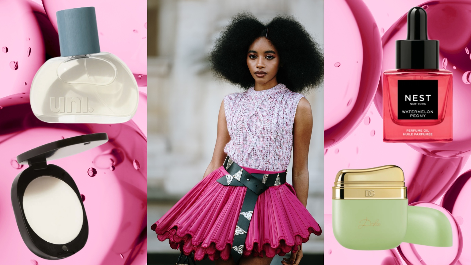 a woman in a pink skirt on a pink background surrounded by non-alcohol fragrances