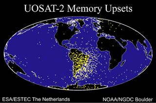 This chart maps the location of memory failures, in yellow, for an old satellite, UoSAT-2. They happened much more frequently as it passed through the South Atlantic Anomaly. During solar storms, objects passing through the anomaly are much more strongly affected by damaging cosmic rays.