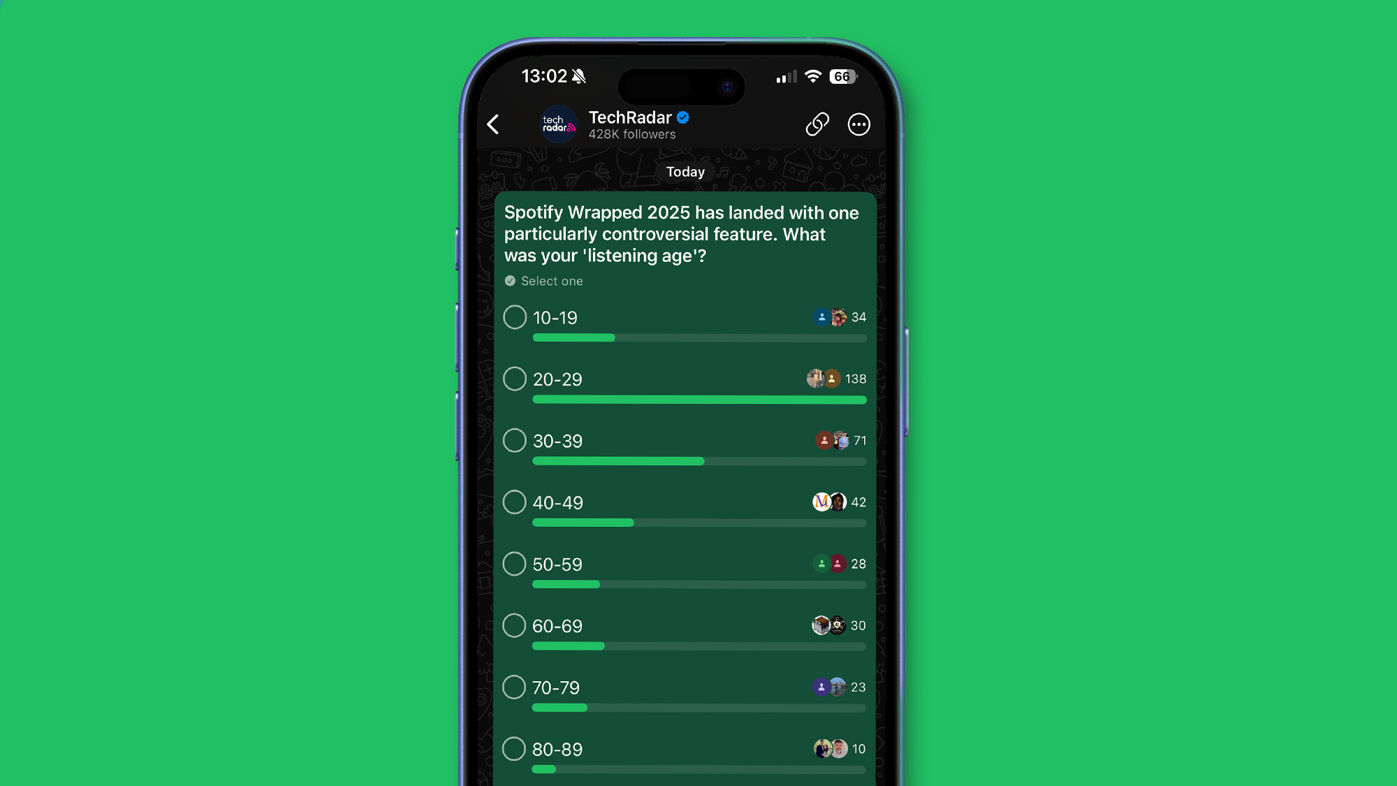 A screenshot of a WhatsApp poll asking users what their Listening Age was in Spotify Wrapped 2025