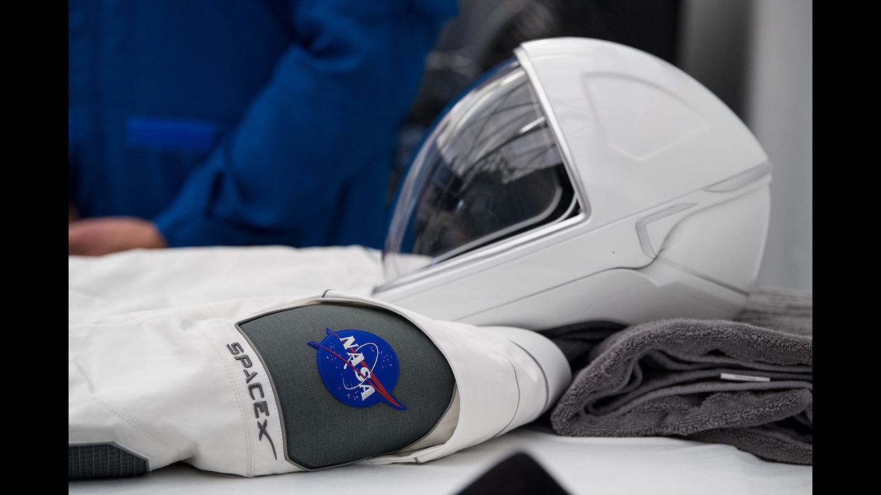 A view of one of the SpaceX suits that will be used for the Demo-2 launch at the SpaceX Headquarters, Thursday, Oct. 10, 2019 in Hawthorne, California.