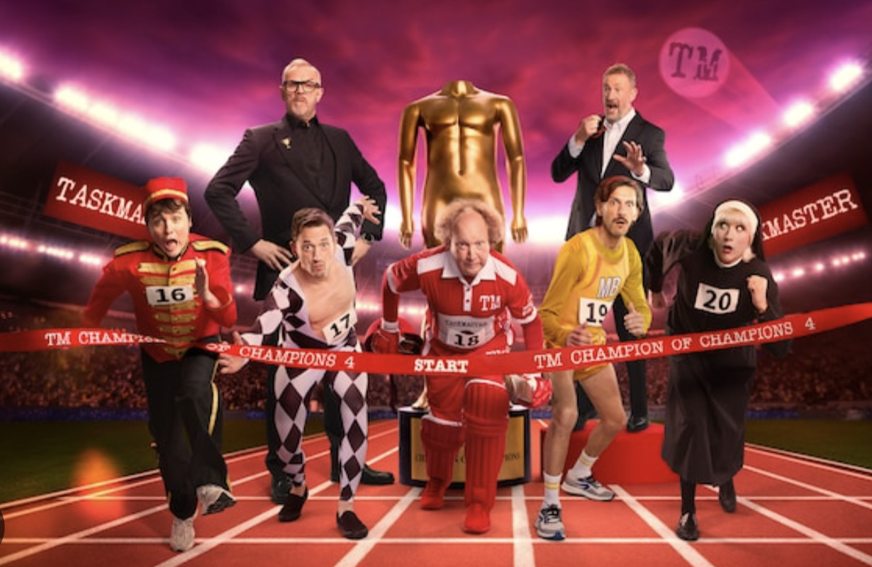 a promotional image showing the five contestants running on a fake stadium track with Greg Davies and Alex Horne behind them