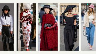 composite of five street style images of people wearing various types of hats at paris fashion week 2023