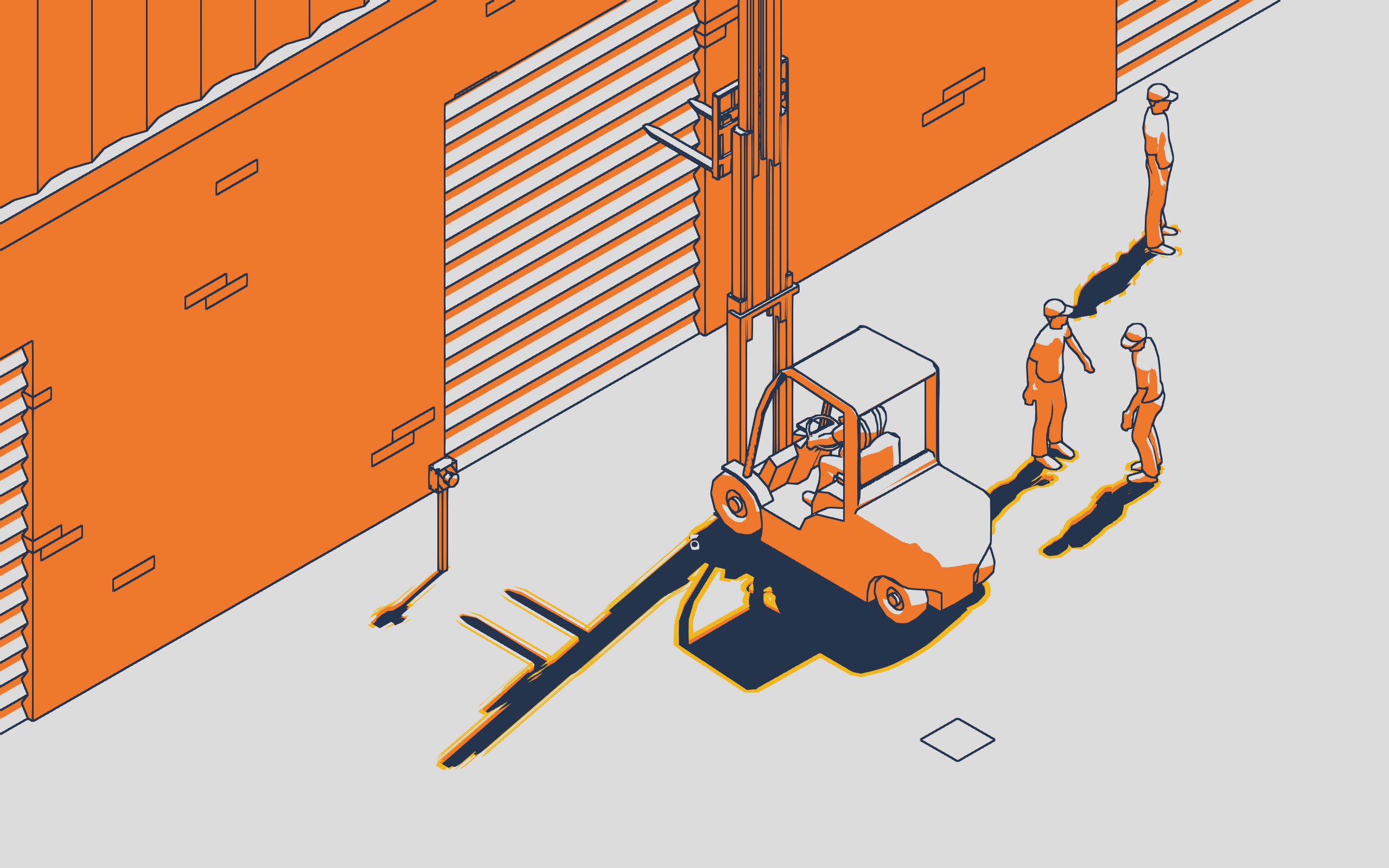 A forklift approaches a factory.