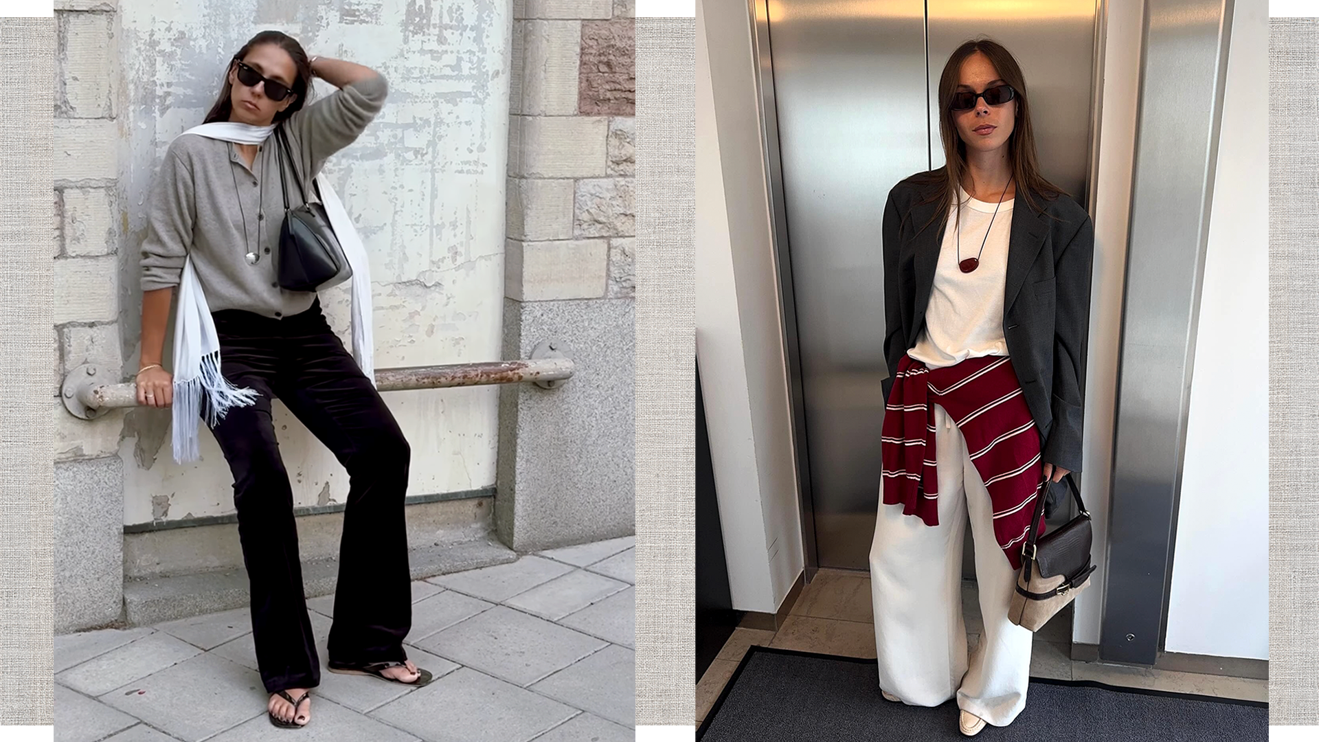 fashion collage of Hanna MW and Johanna Lager wearing chic fall 2025 outfit ideas with a gray cardigan, a blazer, white T-shirt, velvet pants, white jeans, a cord necklace with red pendant, flip-flop sandals, and more