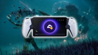 A PlayStation Portal console in white, against a blurred background showing a character from Clair Obscur: Expedition 33 in battle