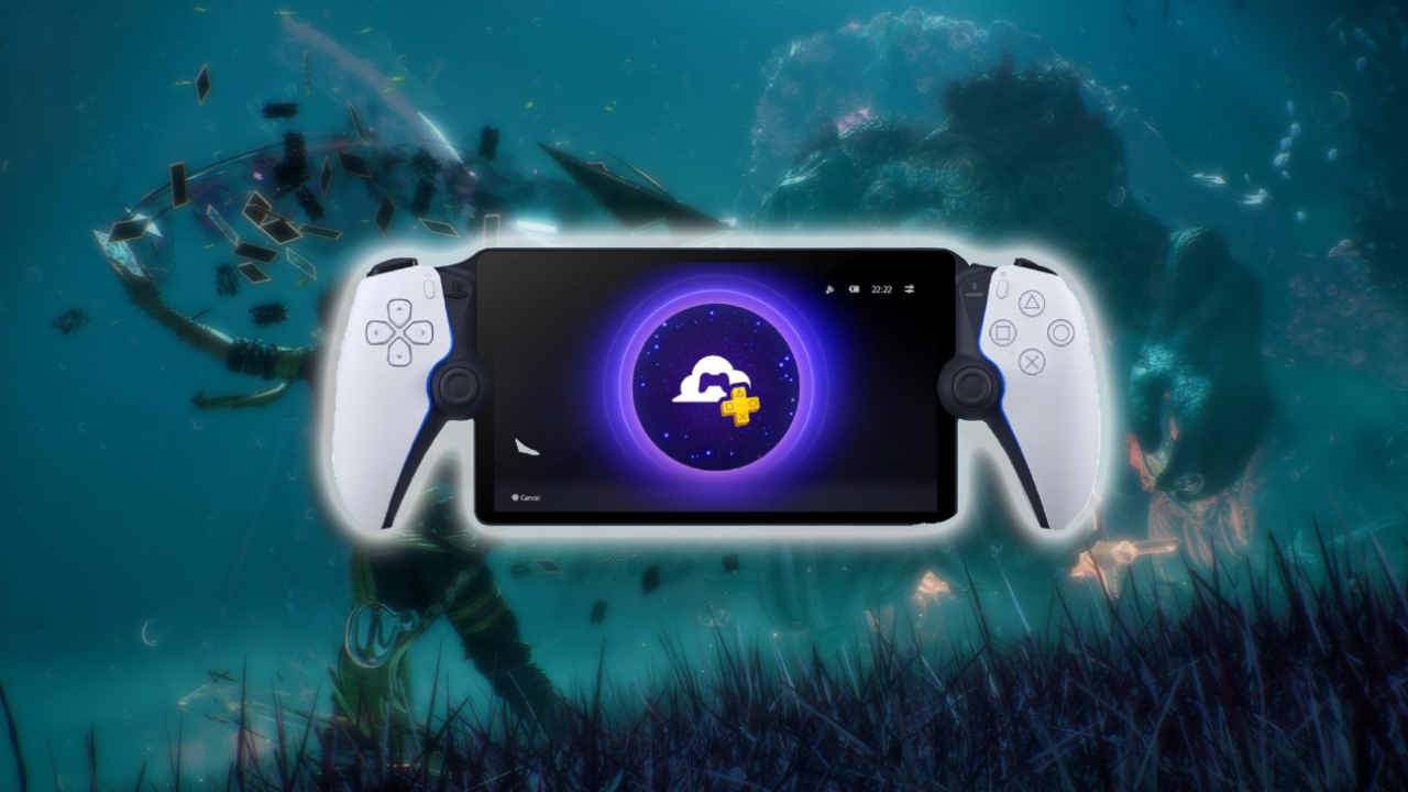 A PlayStation Portal console in white, against a blurred background showing a character from Clair Obscur: Expedition 33 in battle