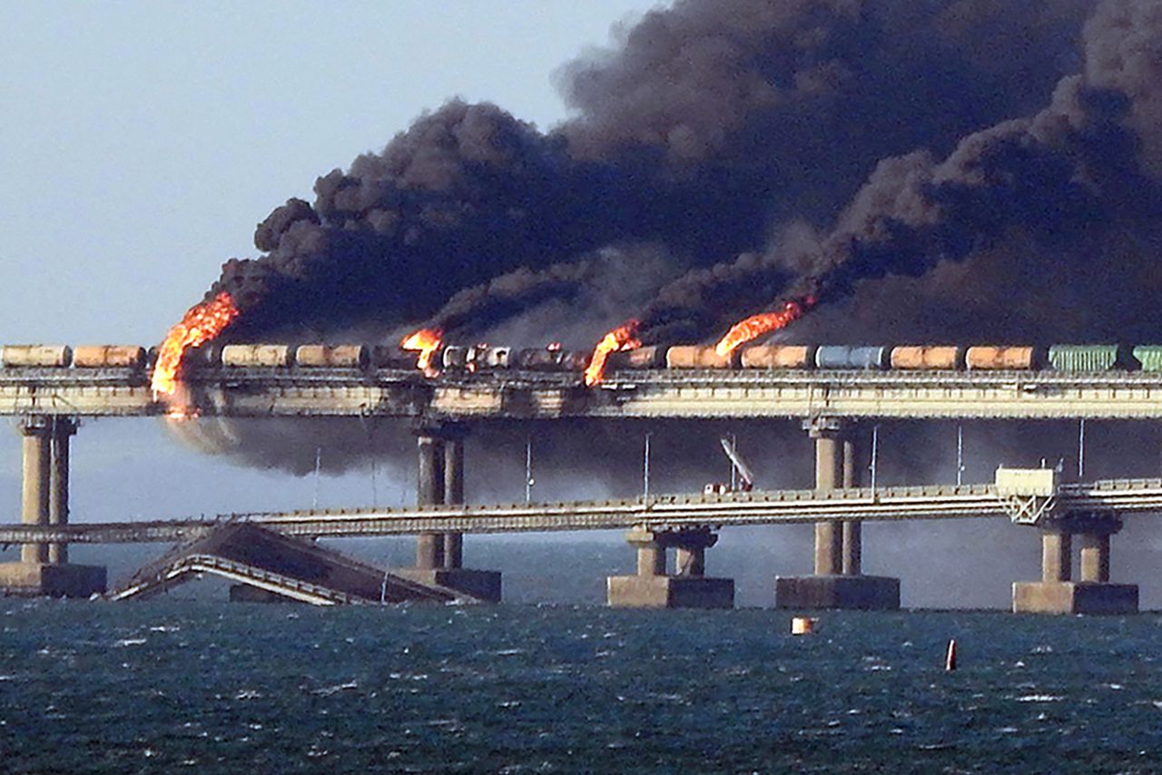 A view of a bridge in Crimea that fell victim to a truck bombing.