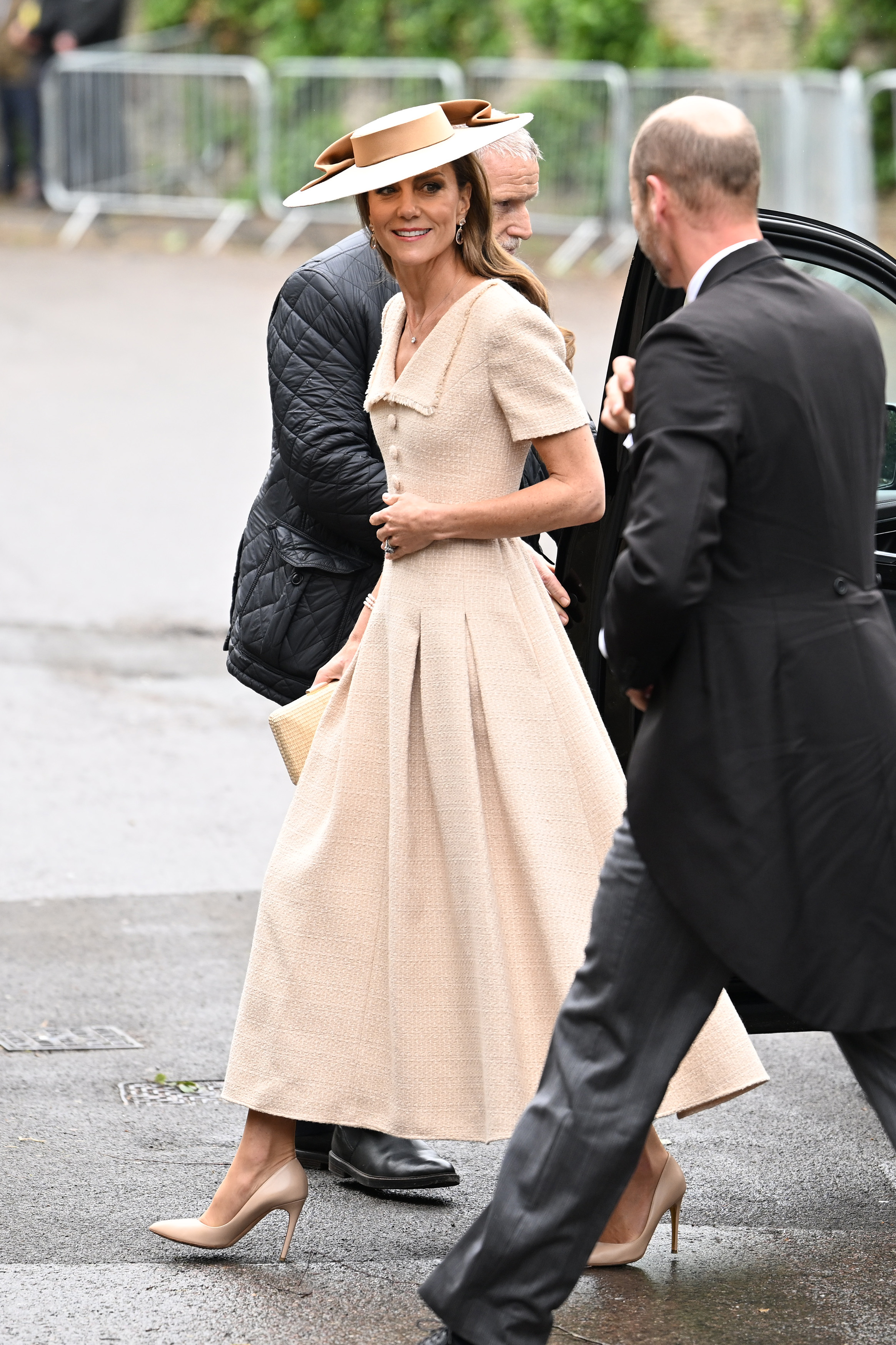 Catherine, Princess of Wales and Prince William, Prince of Wales arrive for the Royal wedding of Peter Phillips and Harriet Sperling at All Saints Church on June 06, 2026 in Kemble, England
