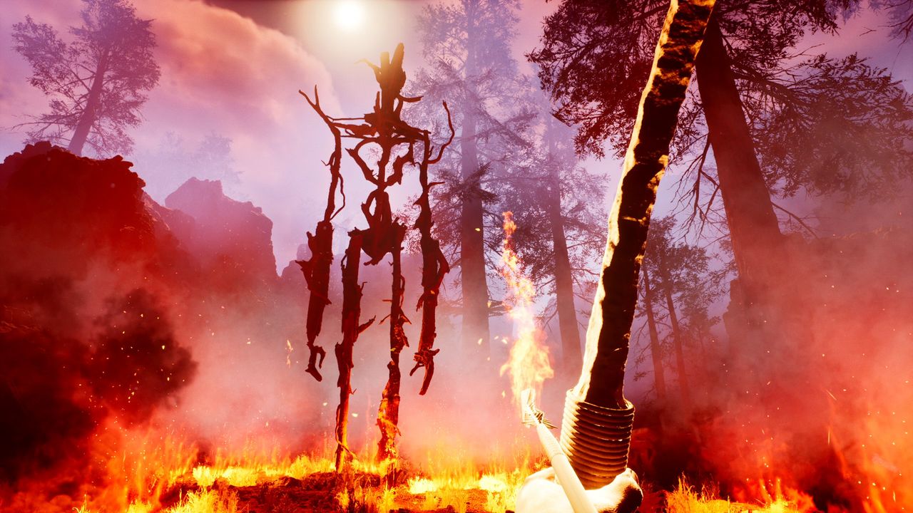 first person view of drawn bow aiming at a giant wood creature like an ent from Lord of the Rings.