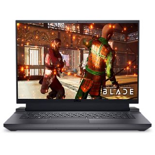 Gray Dell G16 gaming laptop with Die by The Blade game screen shot against white background