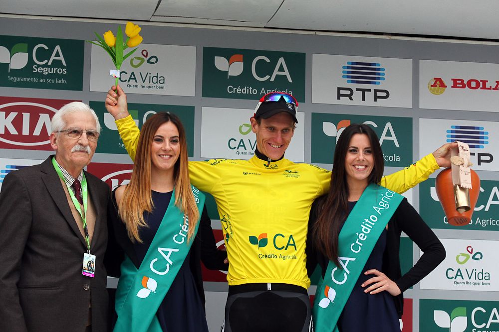 Krister Hagen in yellow on the stage 3 podium at Volta ao Alentejo