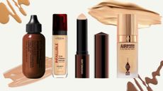 Collage of the best waterproof foundations (L-R) from MAC, L'Oreal Paris, Hourglass and Charlotte Tilbury, on a neutral background with foundation swatches