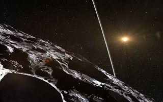 An artist's impression of the view of the rings of the asteroid-size centaur Chariklo from the poles. From the equator, the rings would be all but invisible, appearing as a thin line in the sky.