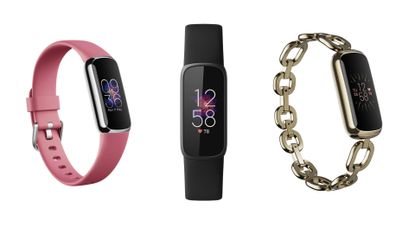 Three versions of the Fitbit Luxe side-by-side on white background, including pink strap, black strap and limited edition strap