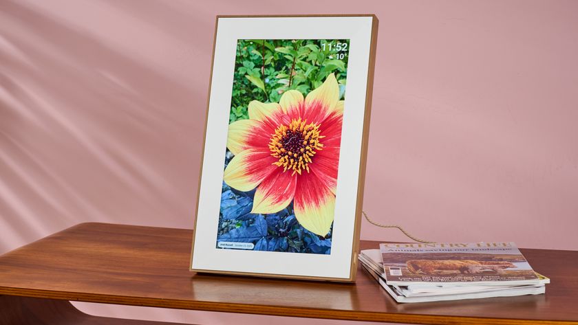 The Pexar Starlight 15.6-inch featuring a photo of a dahlia in portrait orientation on a side table in front of a pink wall.