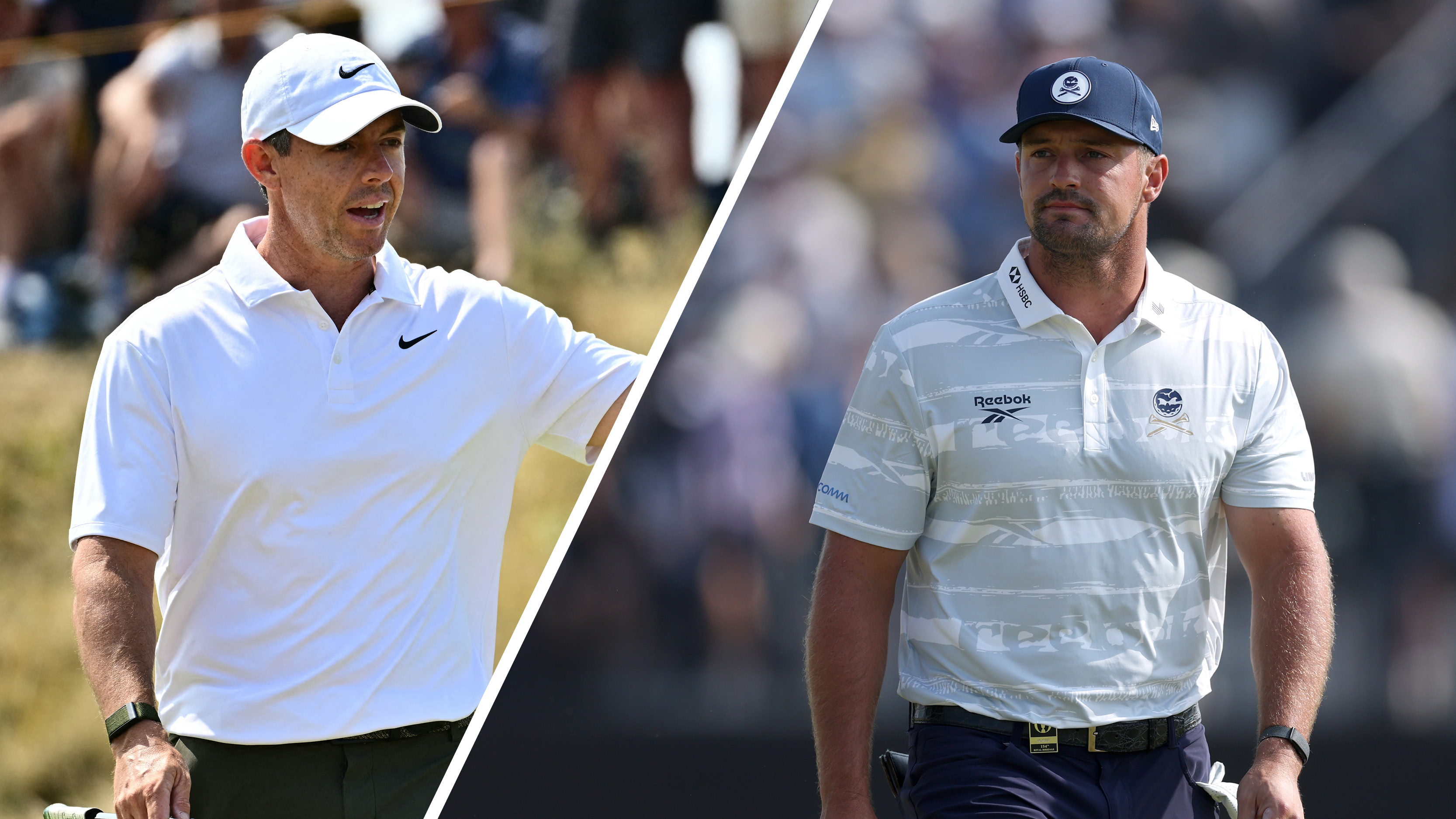 Rory McIlroy (left) gesticulates at The Open during round three in 2026 while Bryson DeChambeau looks on (right)