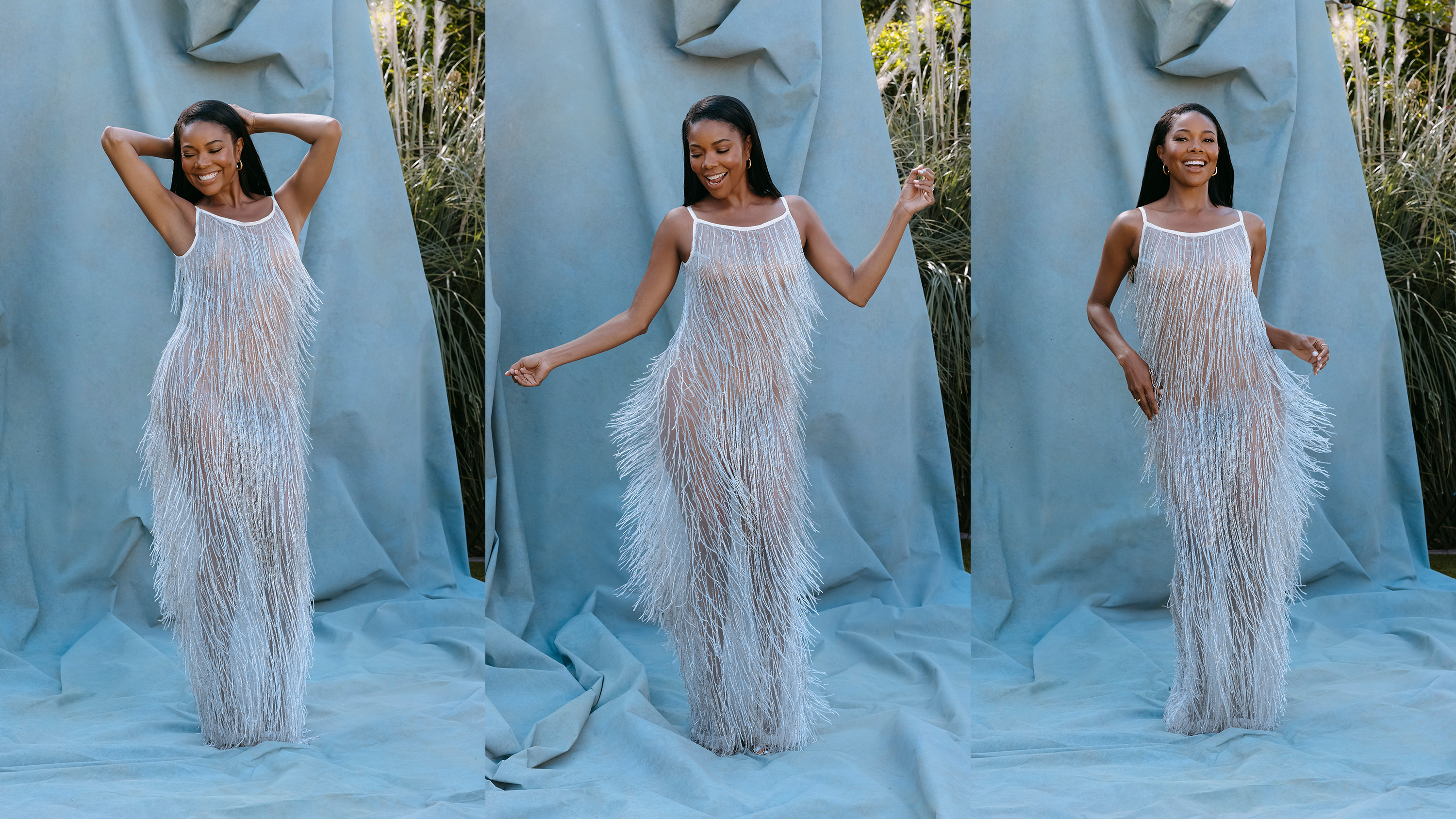 Gabrielle Union in Marie Claire shoot wearing a white beaded dress