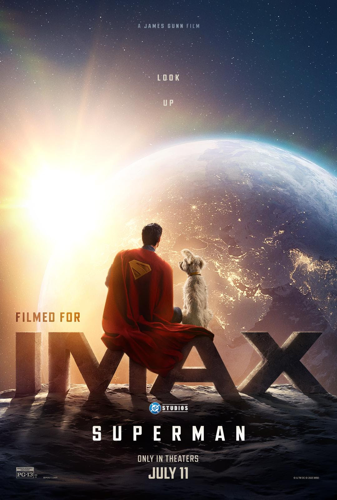 a movie poster of a superhero and his dog looking out at Earth from space