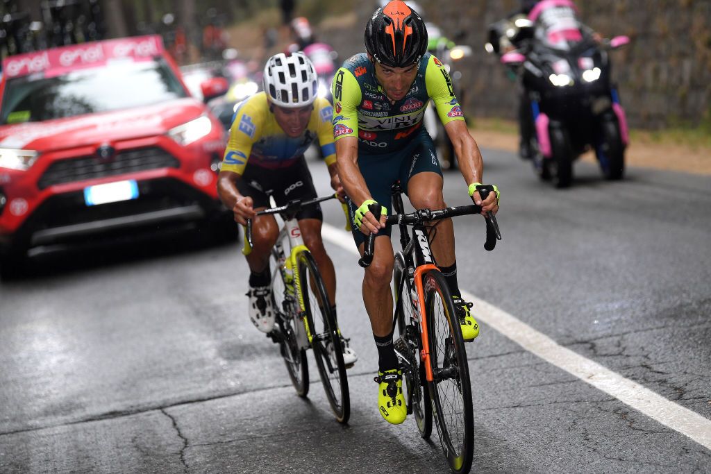 Vini Zabù-Brado-KTM&#039;s Giovanni Visconti leads the eventual winner of stage 3 of the 2020 Giro d&#039;Italia, EF Pro Cycling&#039;s Jonathan Caicedo, on the slopes of Mount Etna