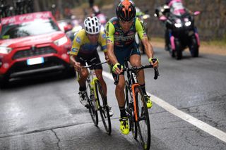 Vini Zabù-Brado-KTM's Giovanni Visconti leads the eventual winner of stage 3 of the 2020 Giro d'Italia, EF Pro Cycling's Jonathan Caicedo, on the slopes of Mount Etna