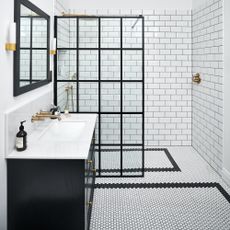 monochrome bathroom with crittall style shower screen