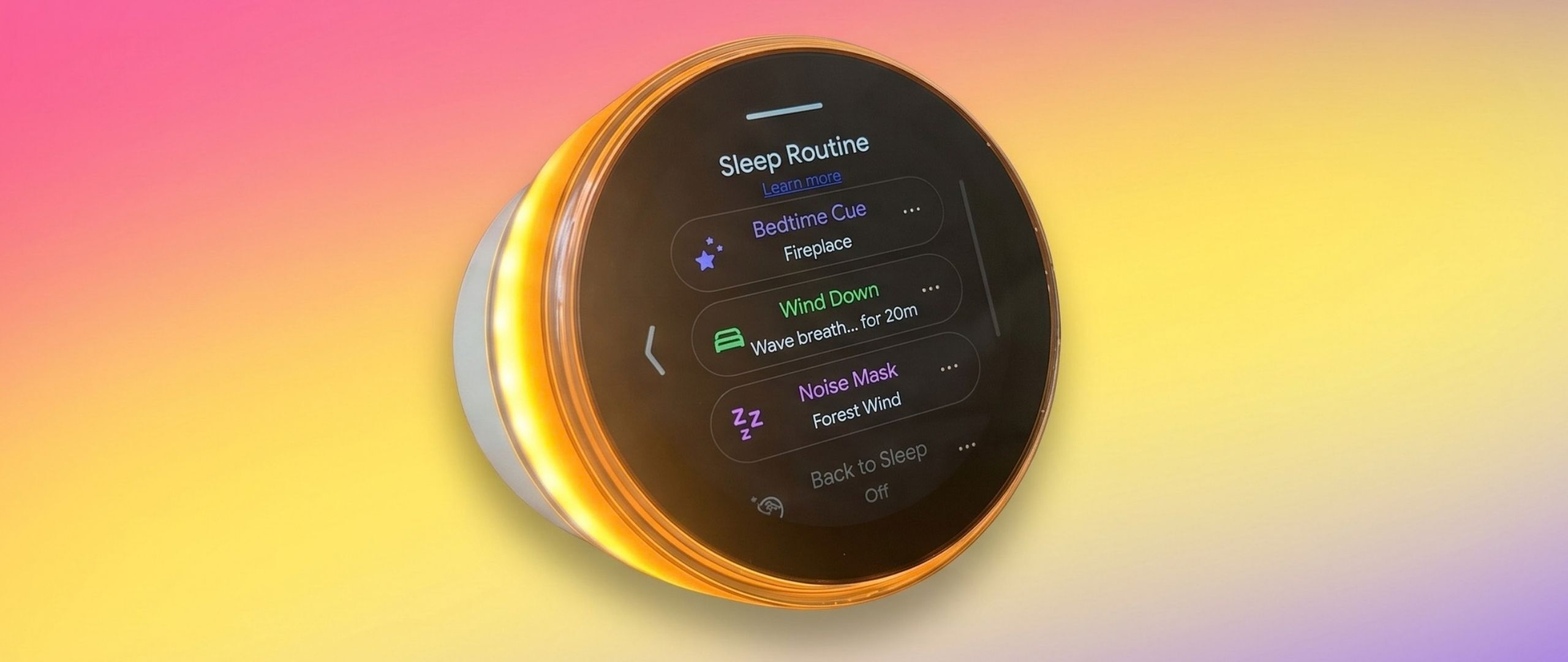 The Ambient Dreamie Bedside Sleep Assistant and Smart Alarm Clock on an ombre pink and yellow background