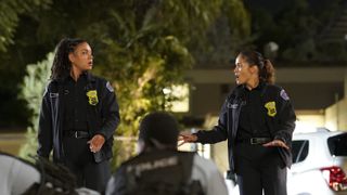 Barrett Doss and Jaina Lee Ortiz as Vic and Andy on the scene in Station 19 season 6