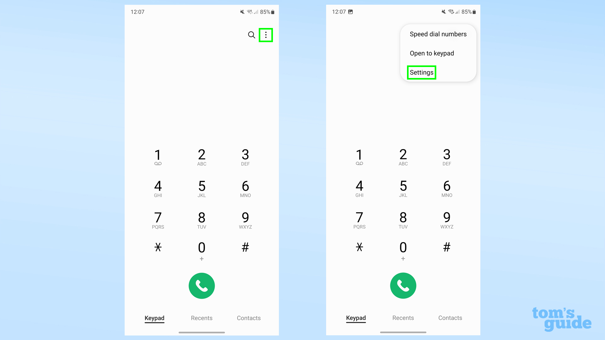 Два снимка экрана с Samsung Galaxy S23, показывающие, где найти настройки приложения «Телефон».