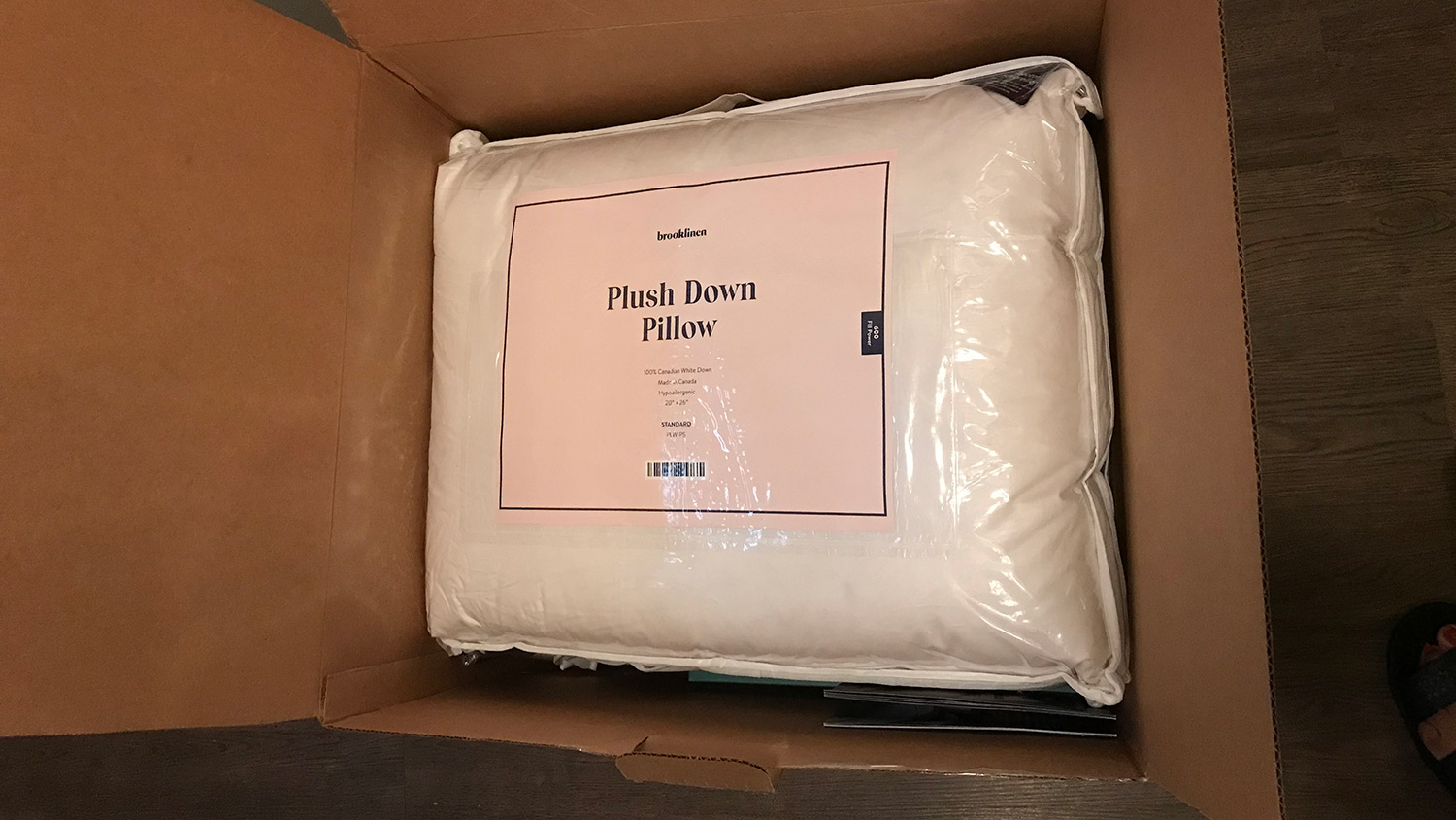 Brooklinen Plush Down Pillow in its delivery box