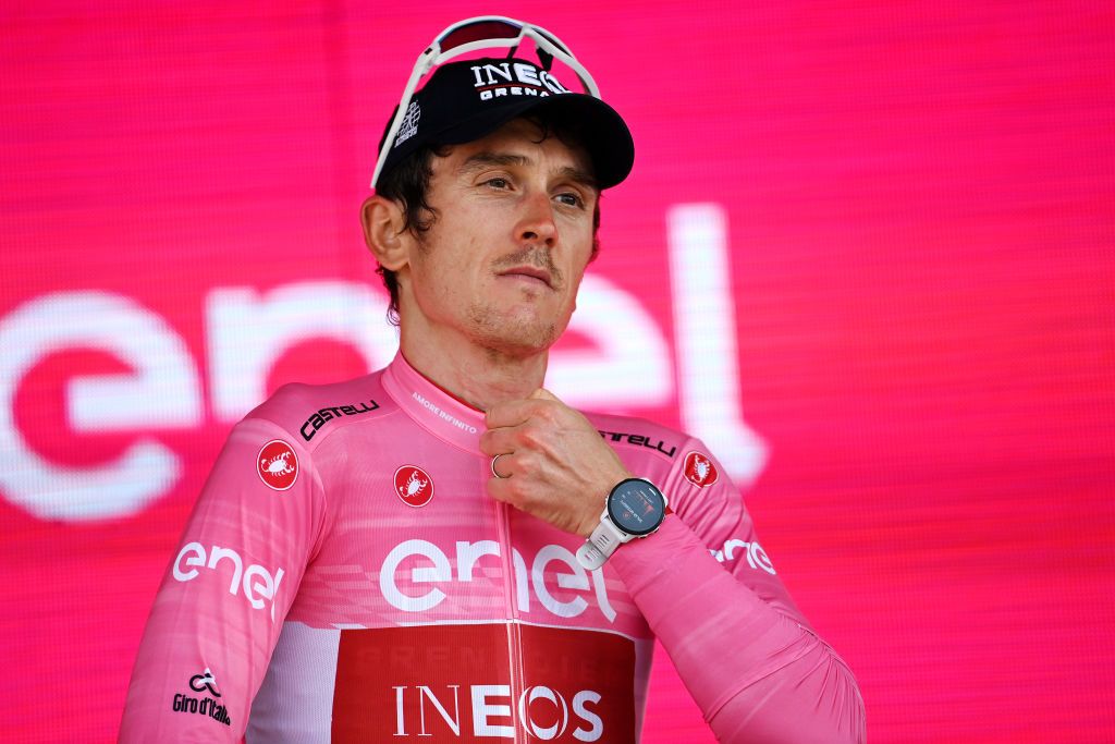 CAORLE ITALY MAY 24 Geraint Thomas of The United Kingdom and Team INEOS Grenadiers Pink Leader Jersey celebrates at podium during the the 106th Giro dItalia 2023 Stage 17 a 197km stage from Pergine Valsugana to Caorle UCIWT on May 24 2023 in Caorle Italy Photo by Tim de WaeleGetty Images