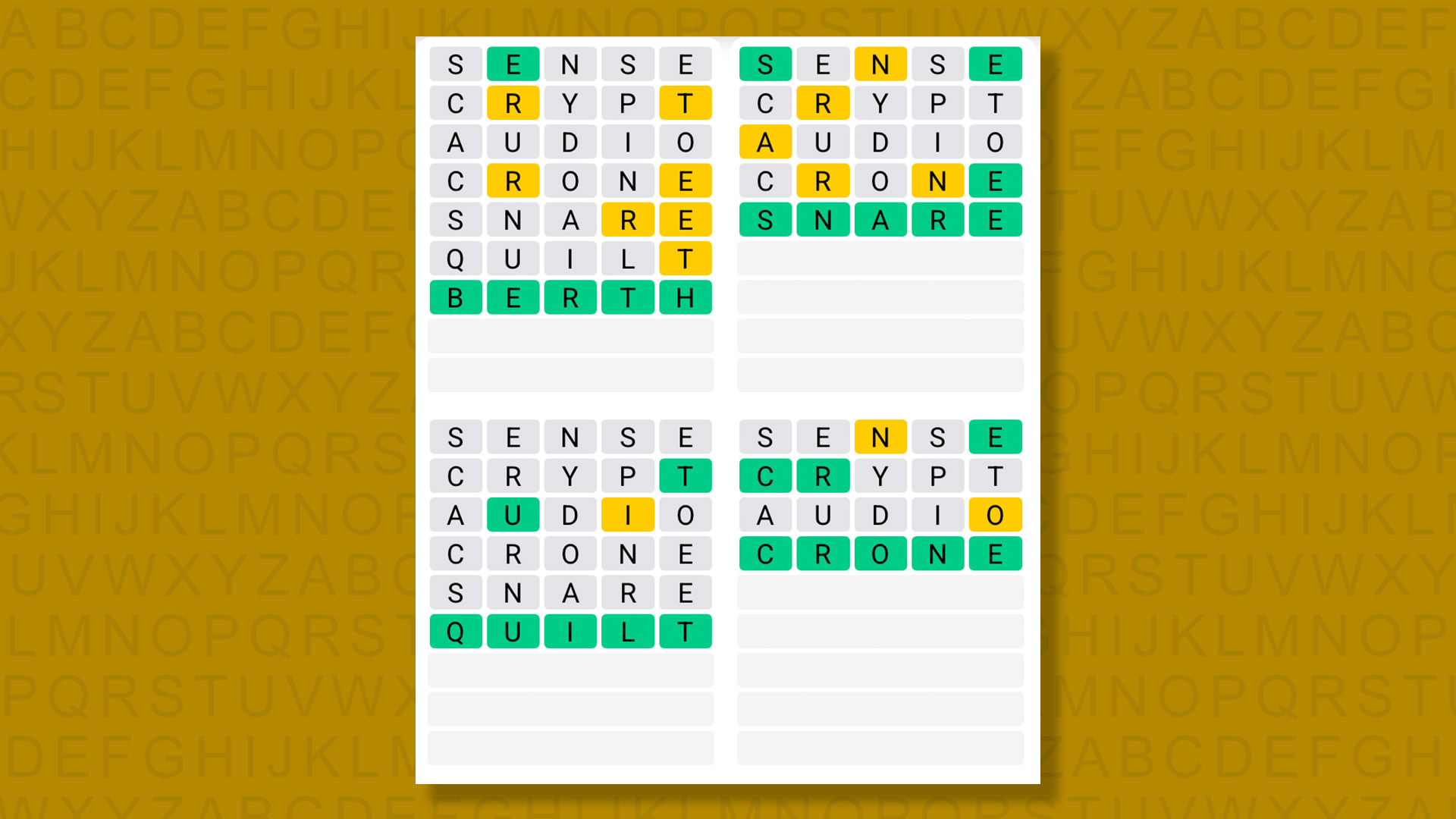 Quordle answers for game 1496 on a yellow background