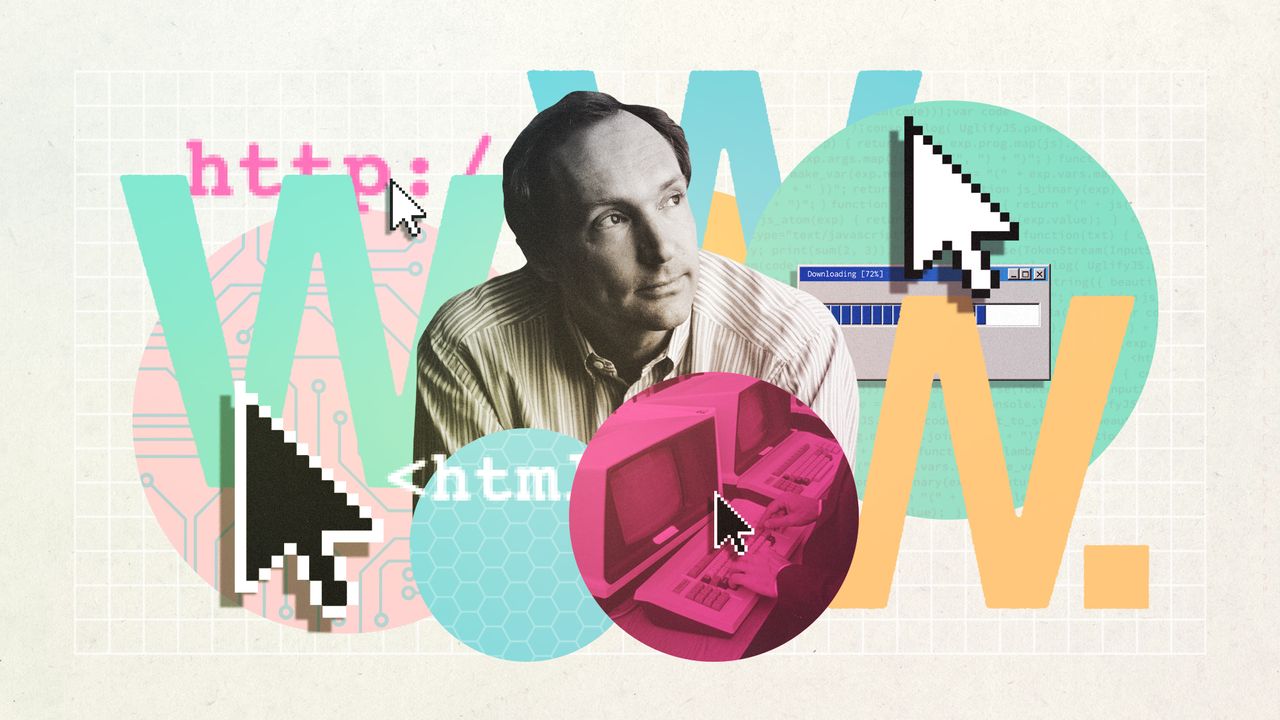 Collage of World Wide Web inventor Tim Berners-Lee alongside computer imagery