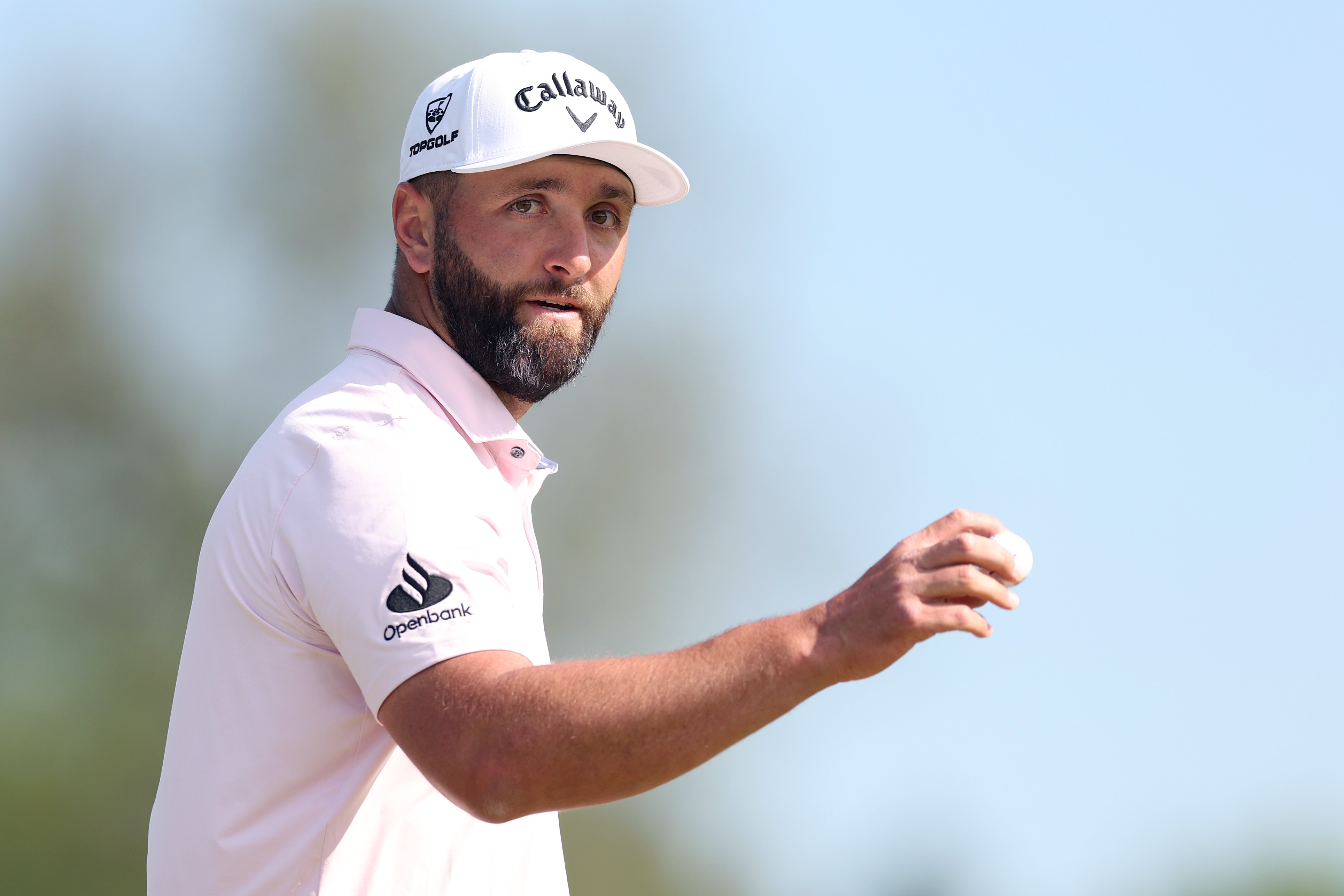 Jon Rahm reacts after making a birdie on the 16th hole during the third round of the PGA Championship at Aronimink Golf Club