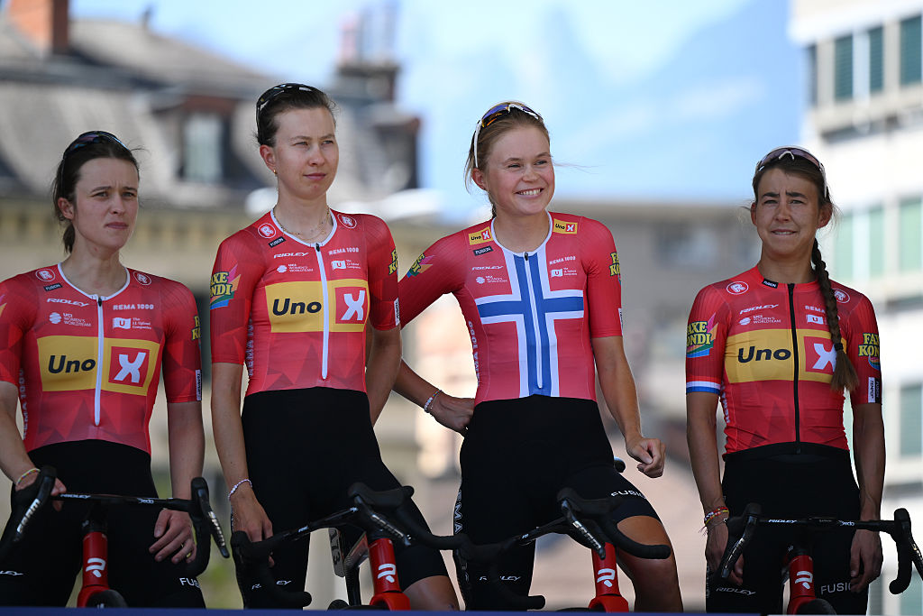 AIGLE, SWITZERLAND - AUGUST 02: (L-R) Teuntje Beekhuis of Netherlands, Marte Berg Edseth of Norway, Sigrid Ytterhus Haugset of Norway and Anouska Koster of Netherlands and Team Uno-X Mobility prior to the 5th Tour de France Femmes 2026, Stage 2 a 147.9km stage from Aigle to Geneva / #UCIWWT / on August 02, 2026 in Aigle, Switzerland. (Photo by Alex Broadway/Getty Images)