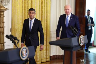Atlantic Declaration: Prime Minister Rishi Sunak and President Joe Biden walking on stage to deliver joint address