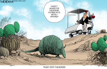Political cartoon U.S. Trump wall border visit