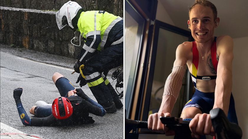 Mattias Skjelmose back training indoors just a few days after his heavy crash (l) at Paris-Nice