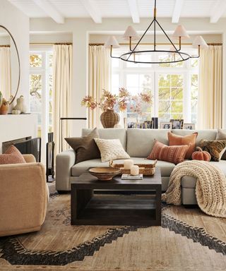 Minimalist Thanksgiving decor ideas. Cozy living room with sofa, fireplace.