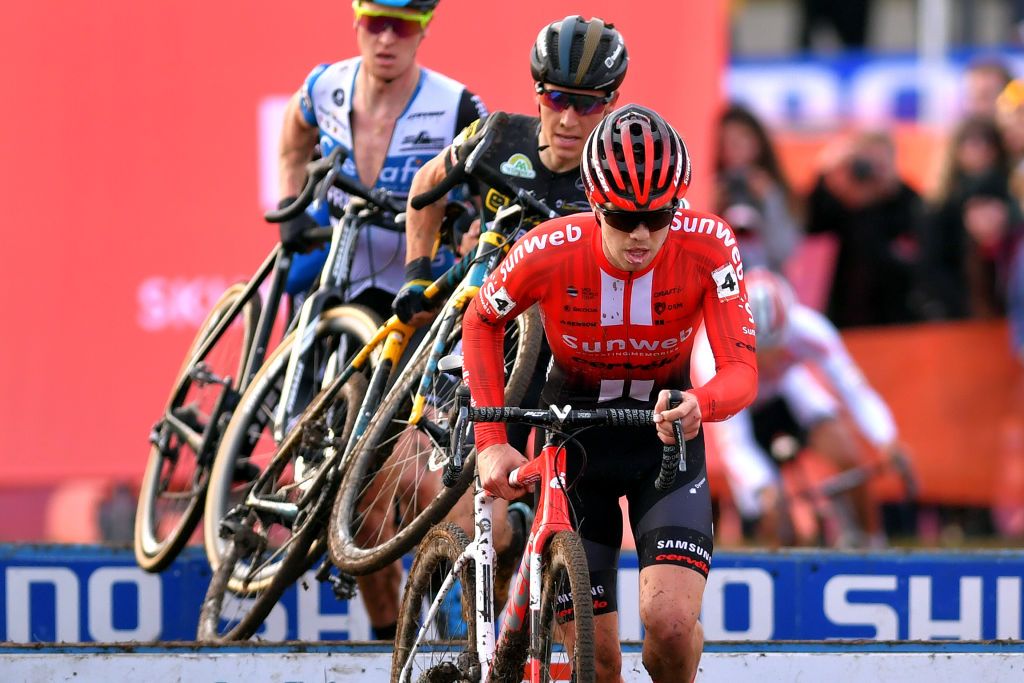 TABOR CZECH REPUBLIC NOVEMBER 16 Joris Nieuwenhuis of The Netherlands and Team Sunweb Nicolas Cleppe of Belgium and Team Telenet Baloise Lions during the 23rd Tabor World Cup 2019 Men Elite UCICX TelenetUCICXWC on November 16 2019 in Tabor Czech Republic Photo by Luc ClaessenGetty Images