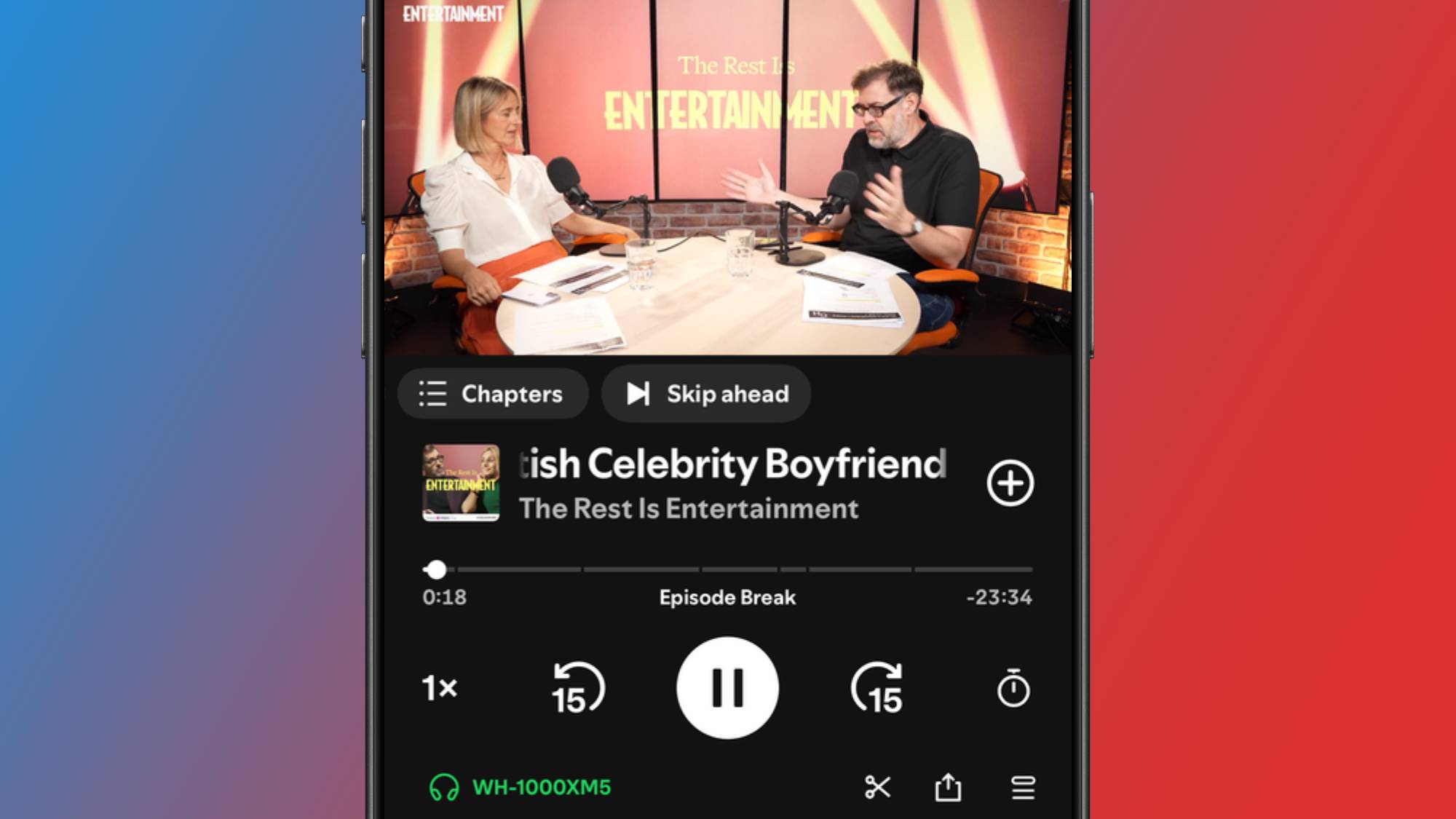 A screenshot of a podcast playback screen in Spotify showing the new Skip Ahead button